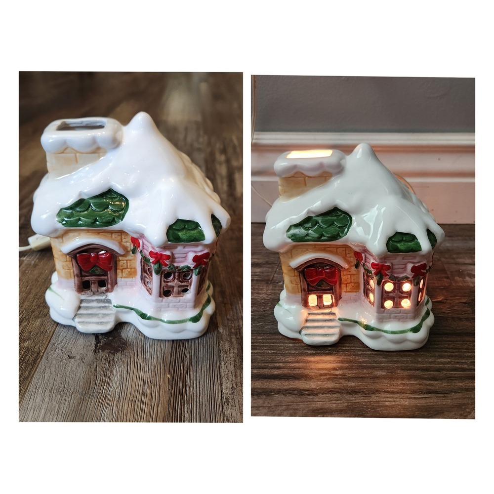 Seasons Greetings Christmas House Night Light Fine Porcelain Bisque Vintage Red